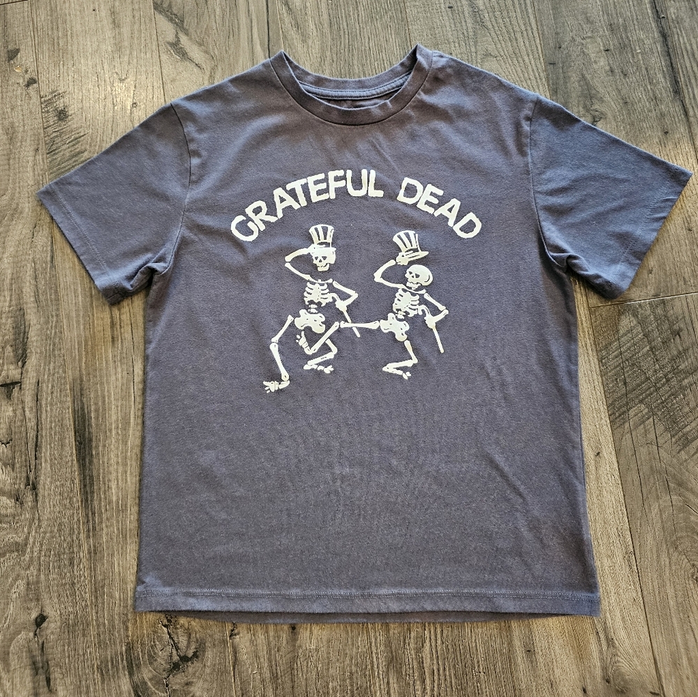 szL 10/12 Grateful Dead Gray‎ Short Sleeve Tee Dancing Skeleton Top Hat Graphic
